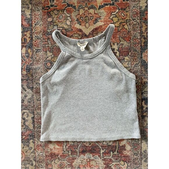 Open Edit Medium Grey Ribbed Crop Racerback Tank Top - Picture 2 of 6